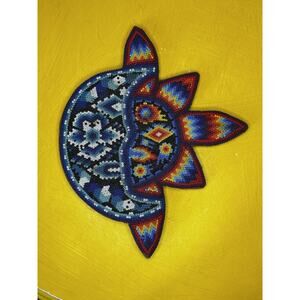 Vintage Mexican Sun & Moon Huichol Hand Beaded Colorful Plaque